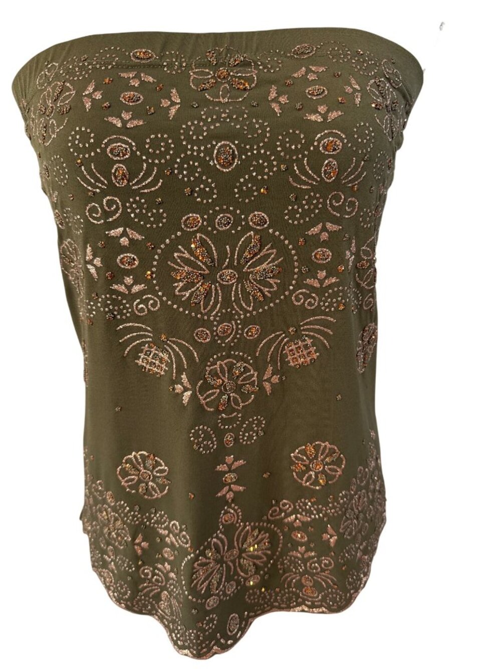 Embellished Olive Green Strapless Tube Top With Metallic Floral Beading & Scallo